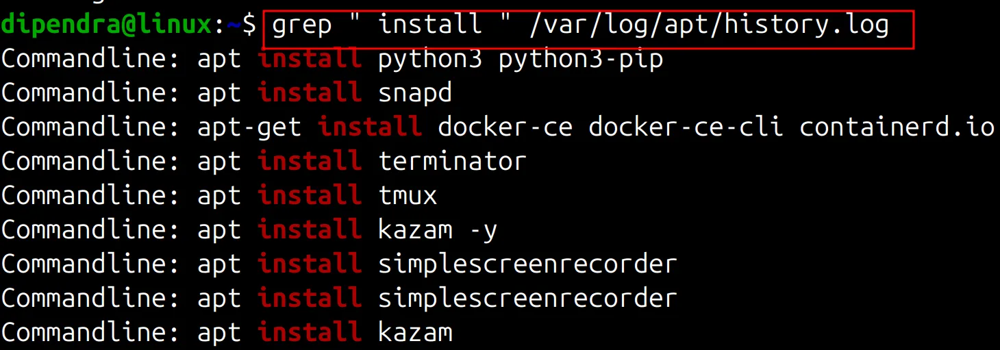 Terminal output of grep on apt history.log showing install commands for python3, docker-ce, tmux and terminator