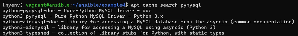 Terminal output of apt-cache search pymysql listing python3-pymysql and related packages