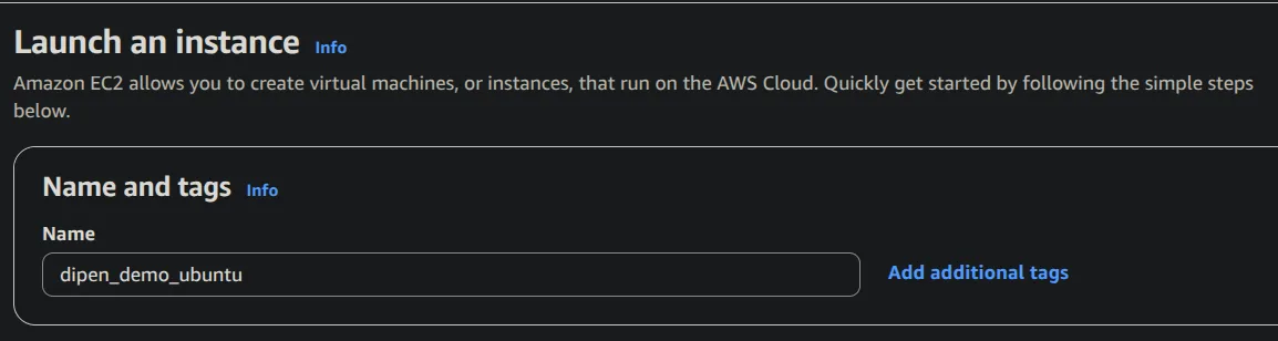 EC2 launch wizard Name and tags section with the instance named dipen_demo_ubuntu