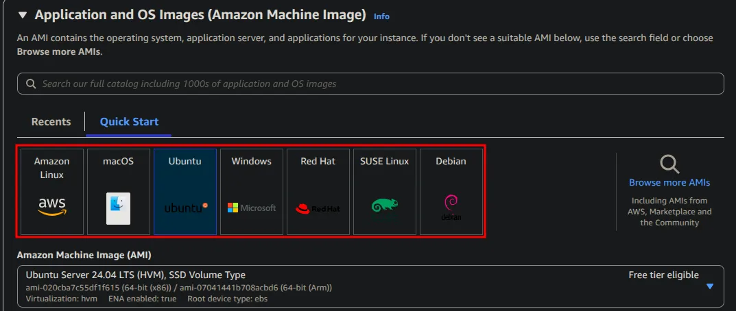 AMI Quick Start list with Ubuntu selected and Ubuntu Server 24.04 LTS marked free tier eligible