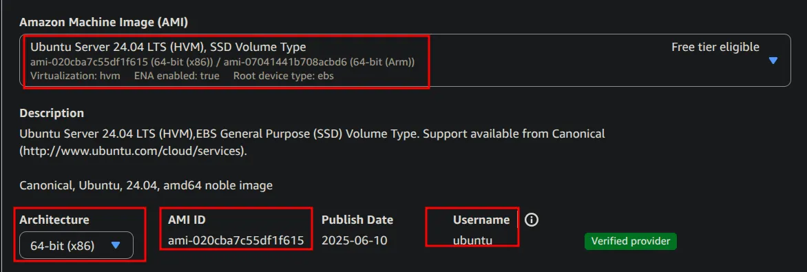Ubuntu 24.04 AMI details showing 64-bit x86 architecture, the AMI ID and default username ubuntu