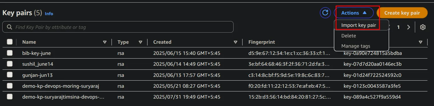 EC2 Key pairs list with the Actions menu open on Import key pair