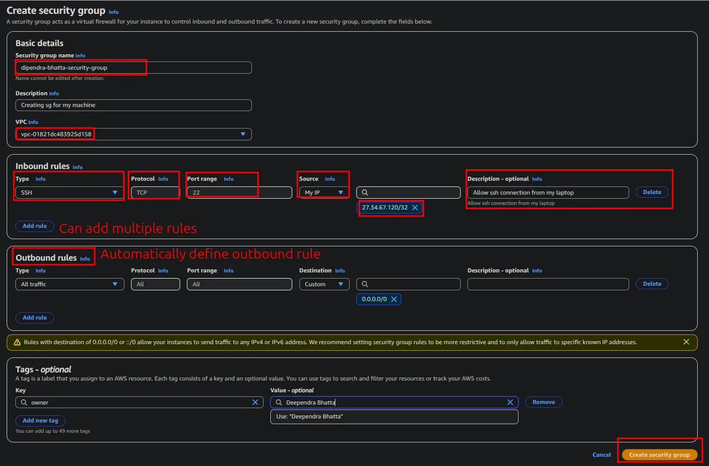 Create security group form allowing SSH on port 22 from my IP only, with the default allow-all outbound rule