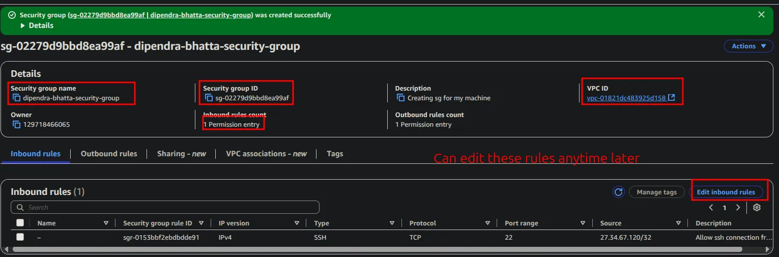 Security group created successfully, showing its ID, VPC ID and one inbound SSH rule