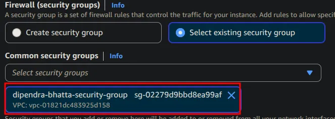 Launch wizard firewall section using the existing dipendra-bhatta-security-group