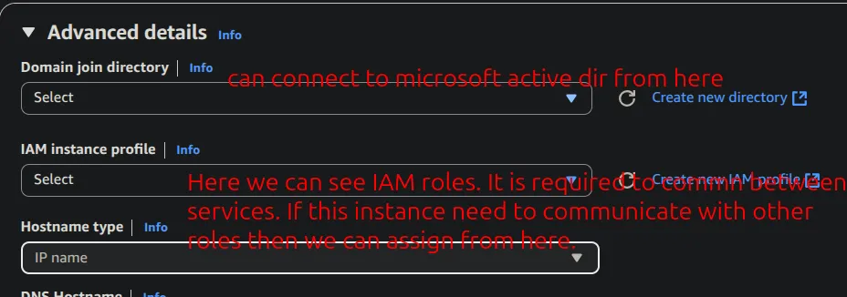 Advanced details with the domain join directory and IAM instance profile fields, annotated