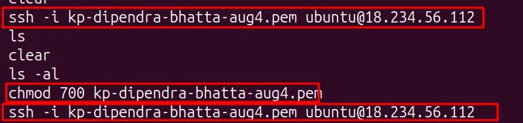 Terminal history: ssh with the .pem key, chmod on the key file, then ssh again