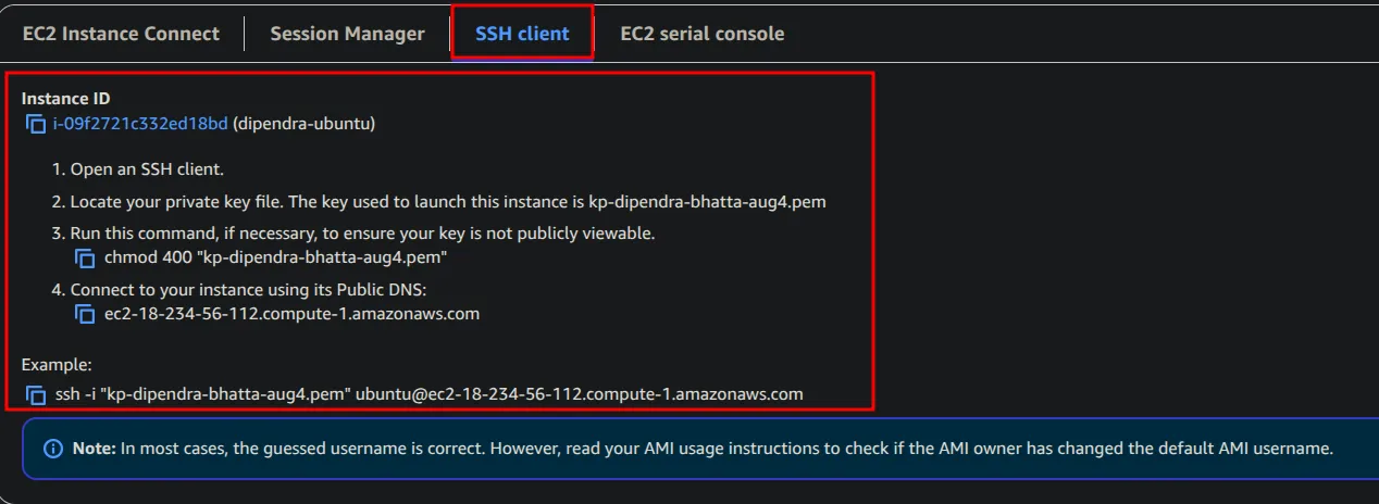 EC2 Connect page, SSH client tab with chmod 400 and an example ssh command using the public DNS name