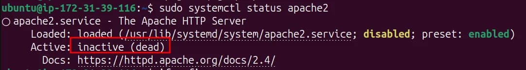 systemctl status apache2 shows the service disabled and inactive (dead)