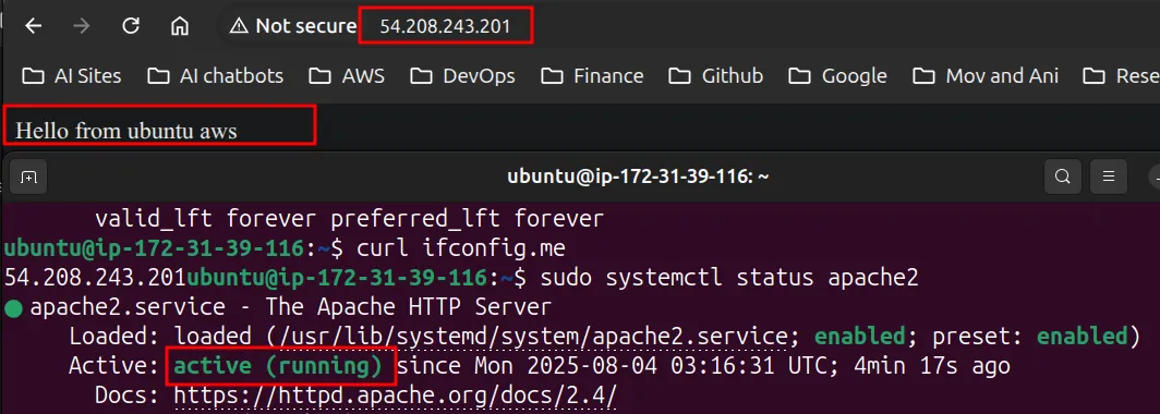 Browser at the instance public IP shows Hello from ubuntu aws, and apache2 status shows active (running)