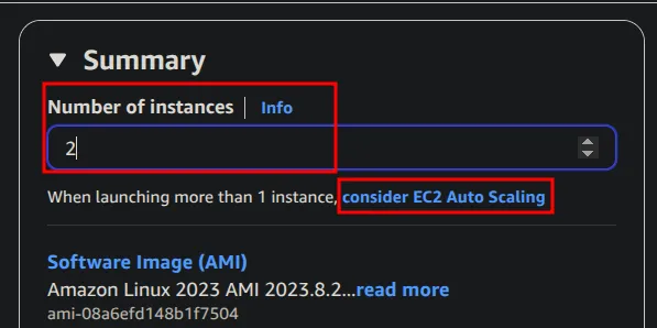 Launch summary with 2 instances and a link suggesting EC2 Auto Scaling