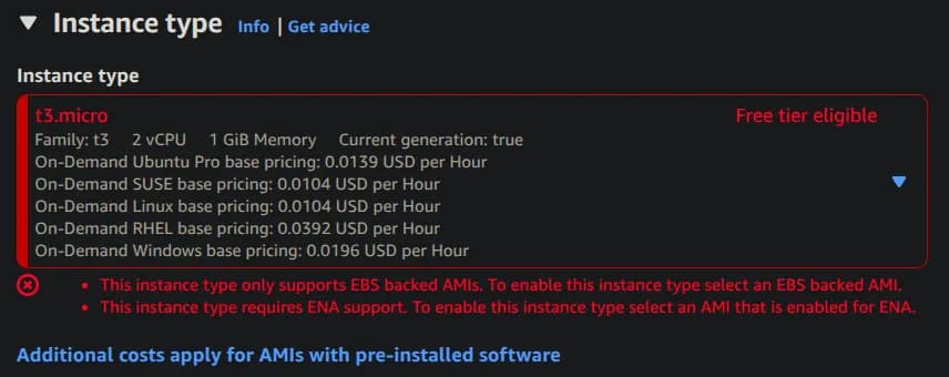 t3.micro error: this instance type only supports EBS-backed AMIs and requires ENA support