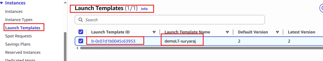 Launch Templates list showing demoLT-suryaraj with default version 2 and latest version 2