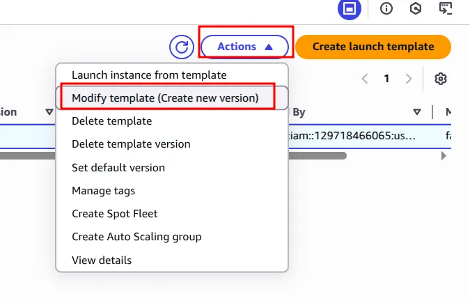 Launch template Actions menu with Modify template (Create new version) highlighted