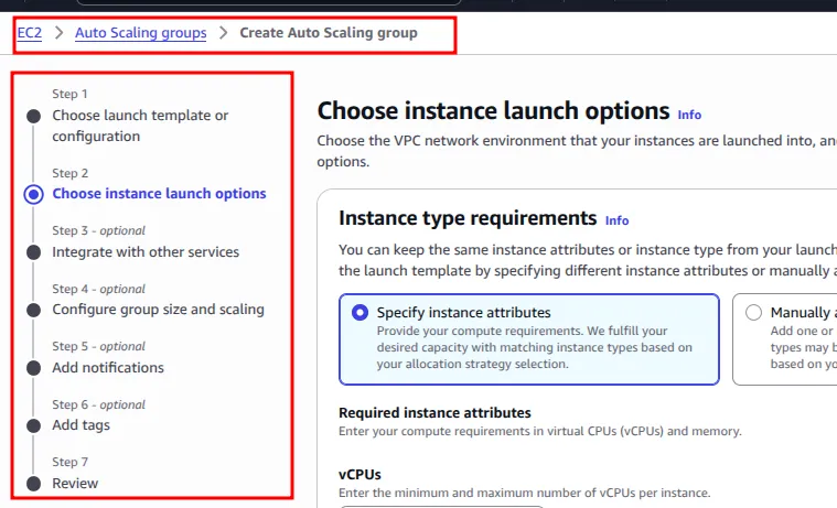 Create Auto Scaling group wizard steps, on step 2 Choose instance launch options