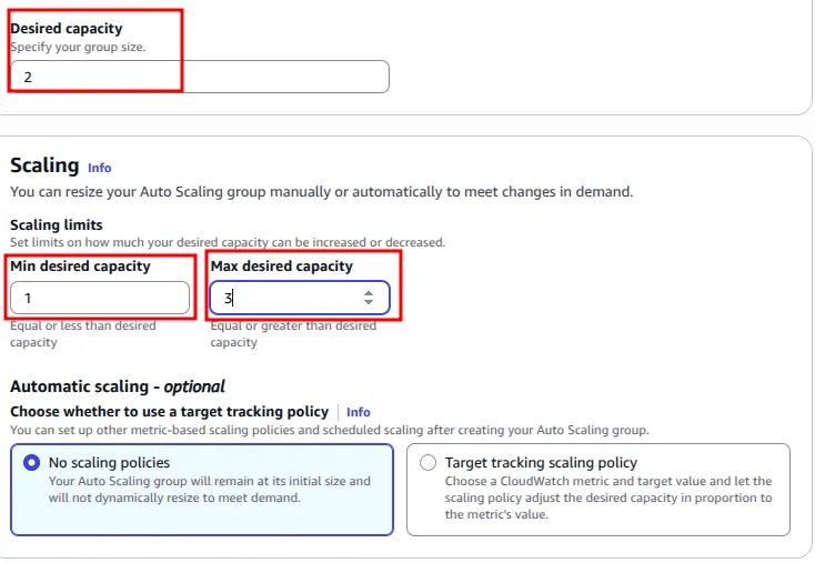 Group size with desired capacity 2, min 1, max 3 and no scaling policies