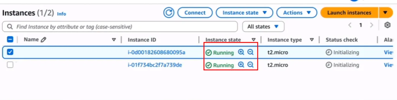 Instances list with two instances launched by the Auto Scaling group, both running and initializing