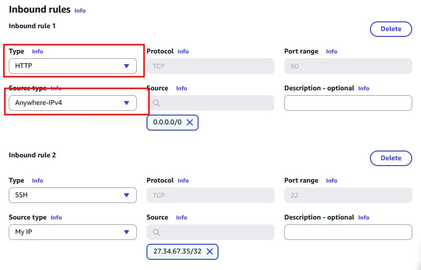 Inbound rules allowing HTTP from anywhere (0.0.0.0/0) and SSH from my IP only