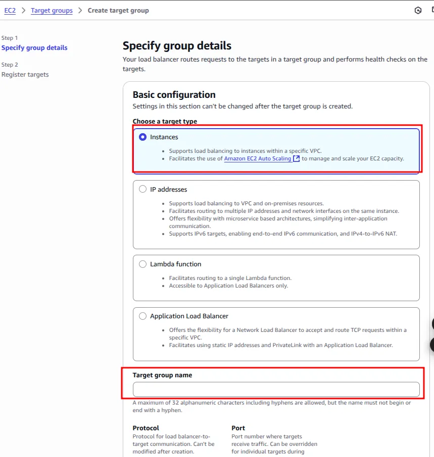 Create target group page with target type Instances selected and the target group name field