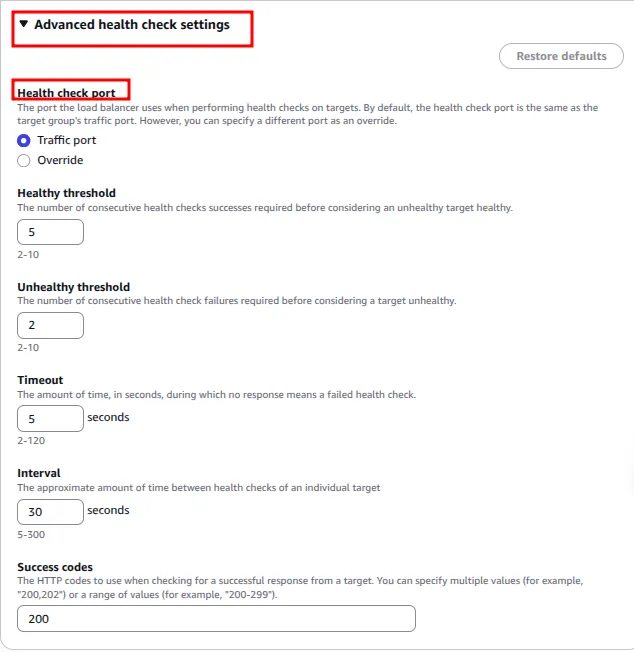 Advanced health check settings: healthy threshold 5, unhealthy threshold 2, timeout 5s, interval 30s, success code 200
