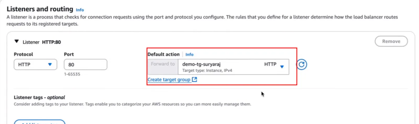 Listener HTTP:80 with the default action forwarding to target group demo-tg-suryaraj