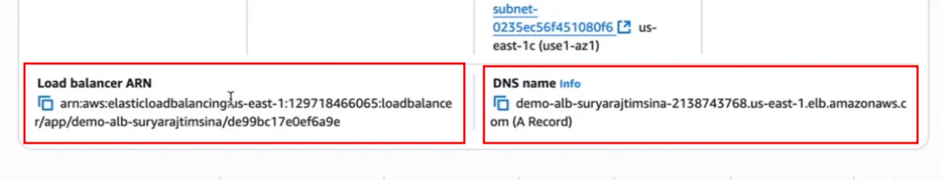 New load balancer details showing its ARN and DNS name