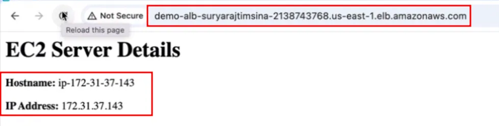 Browser at the ALB DNS name shows EC2 Server Details with the hostname and private IP of one instance