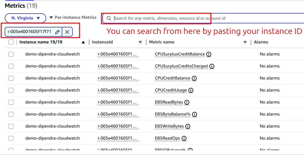 Per-instance metrics filtered by instance ID for demo-dipendra-cloudwatch