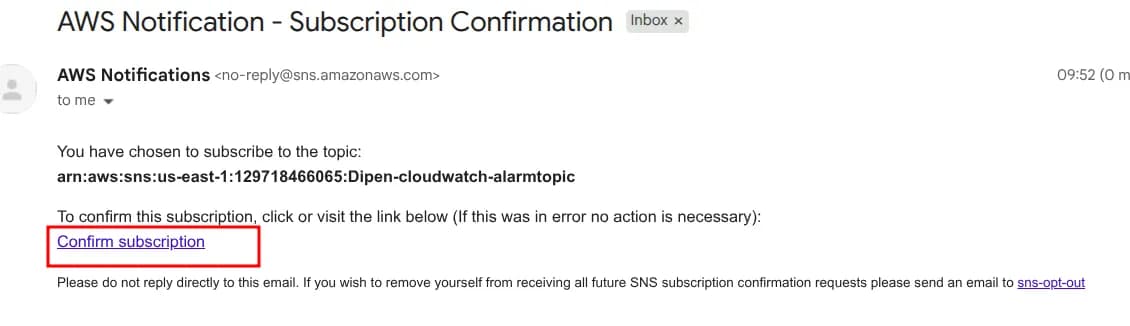 AWS Notifications subscription confirmation email with the Confirm subscription link