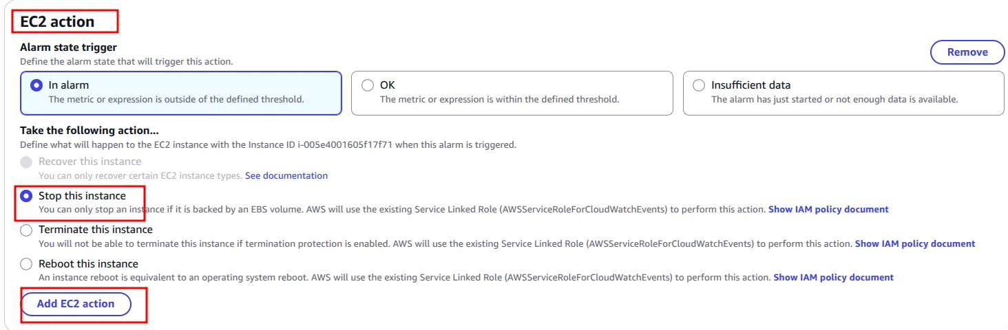 EC2 action for the In alarm state set to Stop this instance