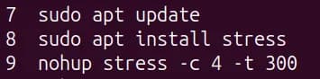 Shell history with apt update, apt install stress and nohup stress -c 4 -t 300