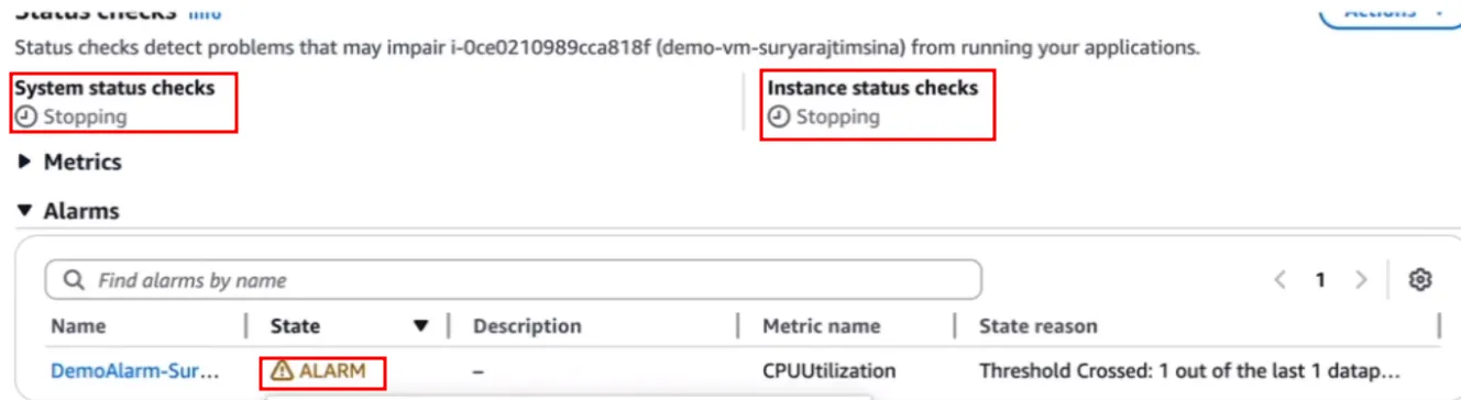 Instance status checks show Stopping while the CPUUtilization alarm is in ALARM state