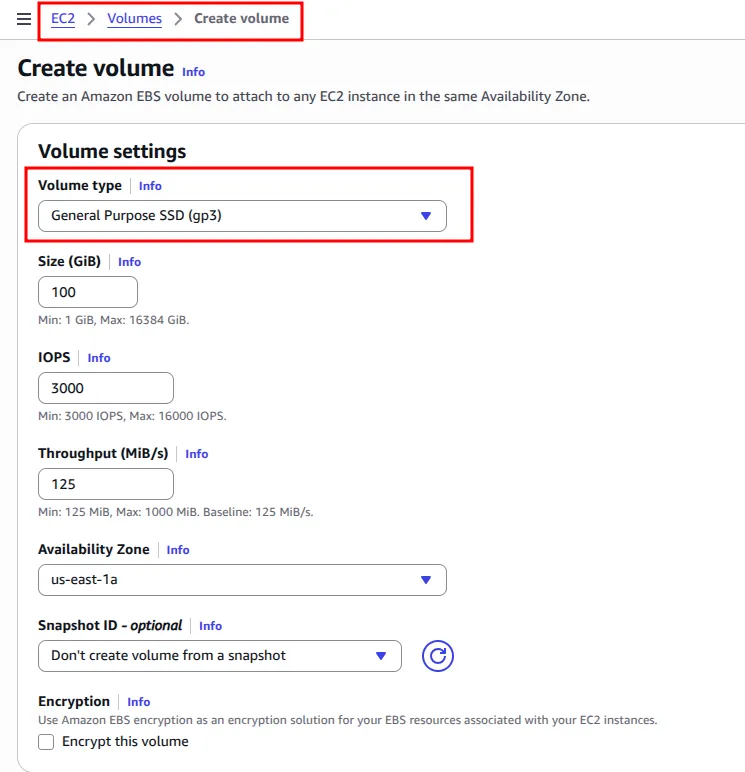 Create volume form: gp3, 100 GiB, 3000 IOPS, 125 MiB/s throughput in us-east-1a