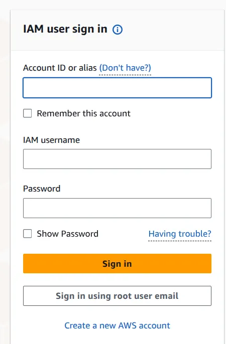 AWS IAM user sign-in page with account ID, IAM username and password fields and a root user email option
